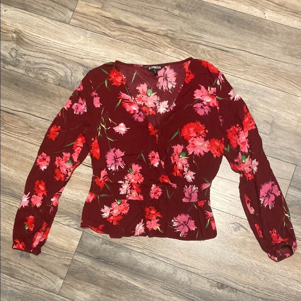Express Red Wrap Blouse with Long Sleeves
